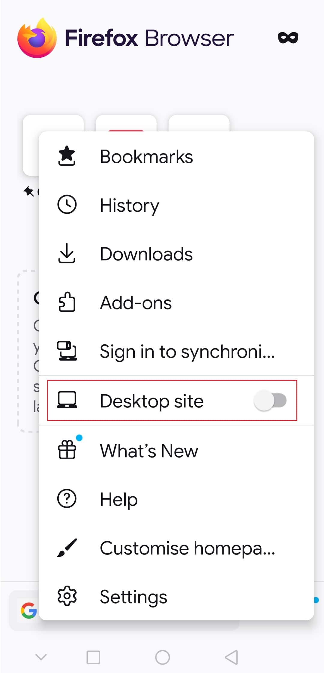 switch on the toggle for Desktop site in Firefox android app