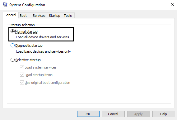 system configuration enable normal startup / Perform Clean boot in Windows 10