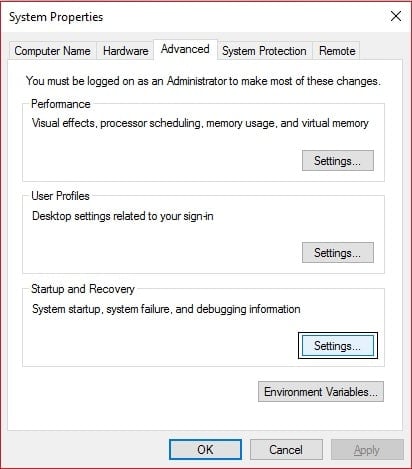 system properties advanced startup and recovery settings | Configure Windows 10 to Create Dump Files on Blue Screen of Death