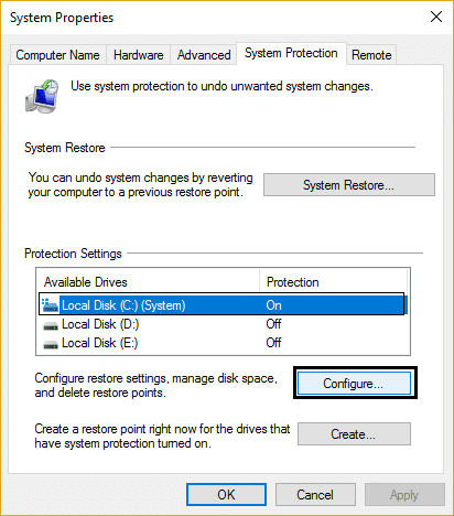 system protection configure system restore