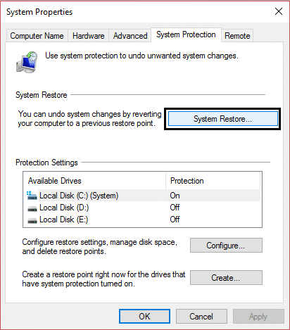 system restore in system properties