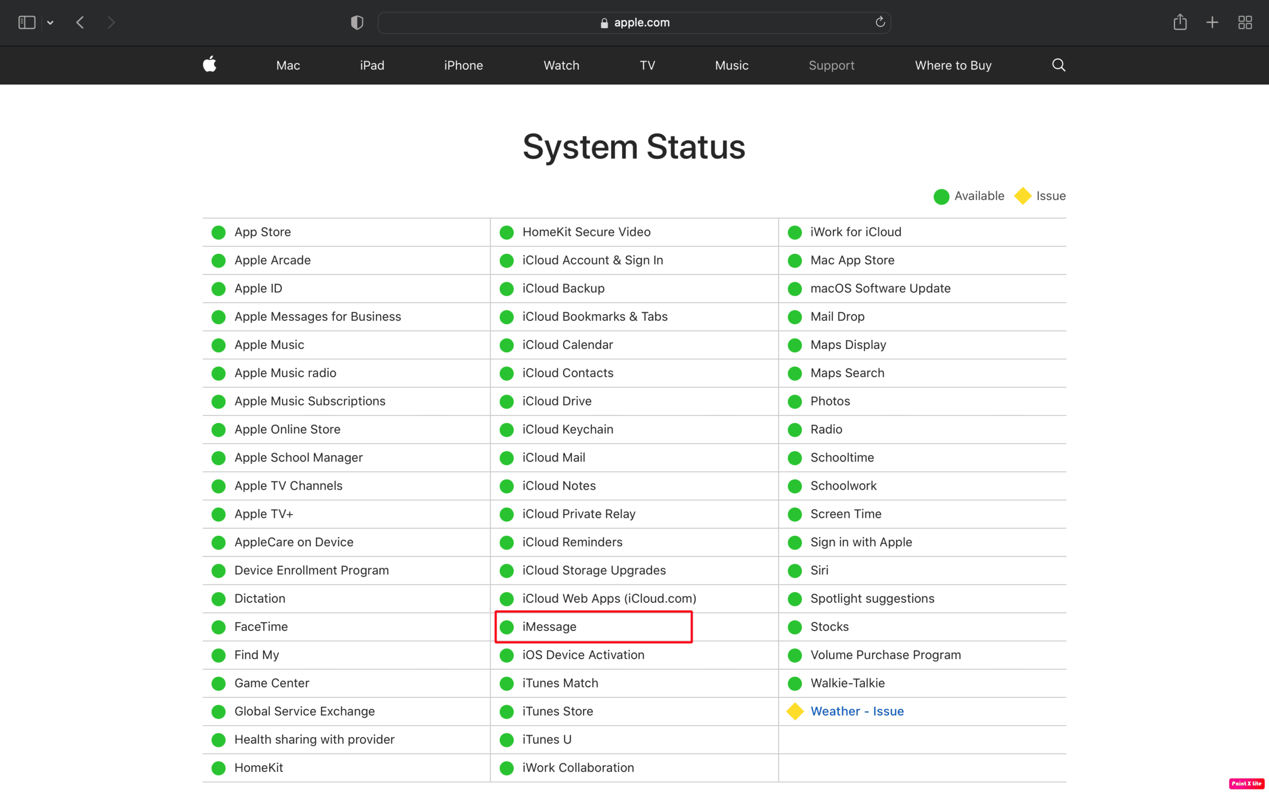 página de estado del sistema | Cómo arreglar iMessages que no se sincronizan en Mac