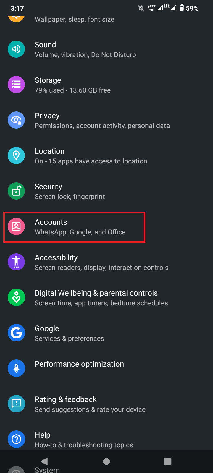 tap Accounts option. Fix Google Play Store Error 963