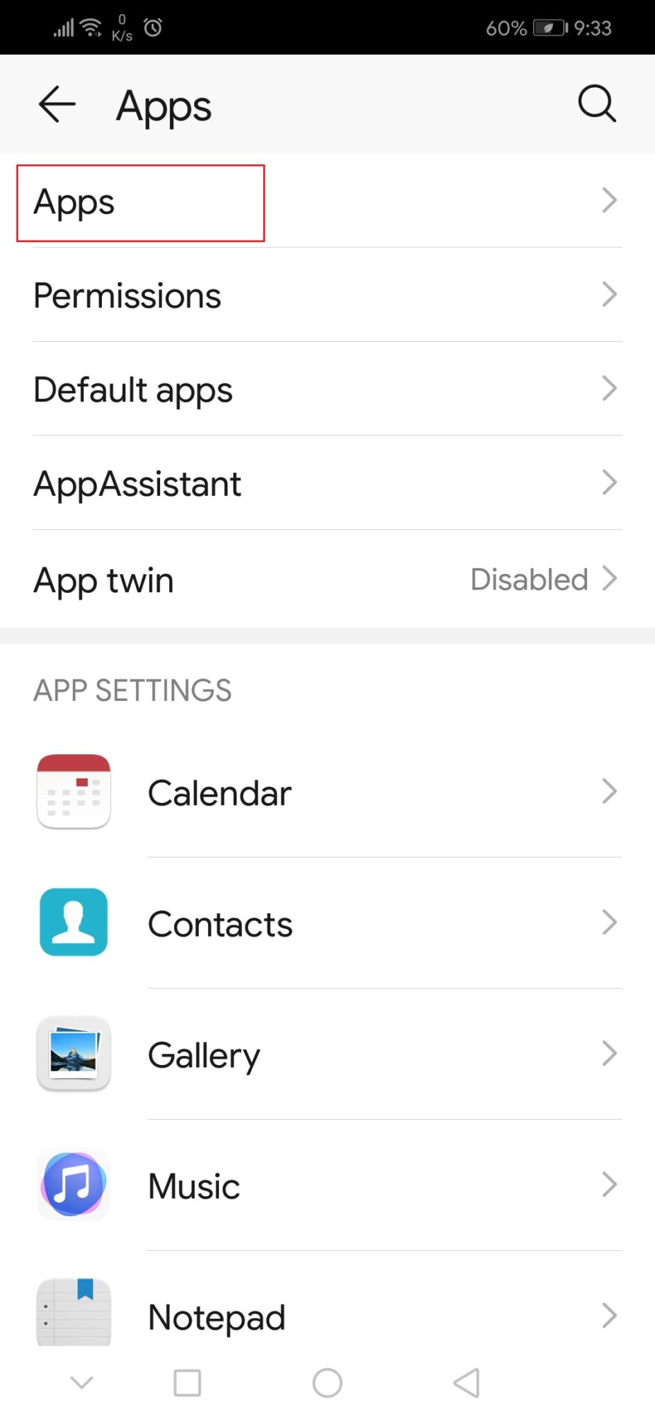tap on Apps to open list of All application in apps settings