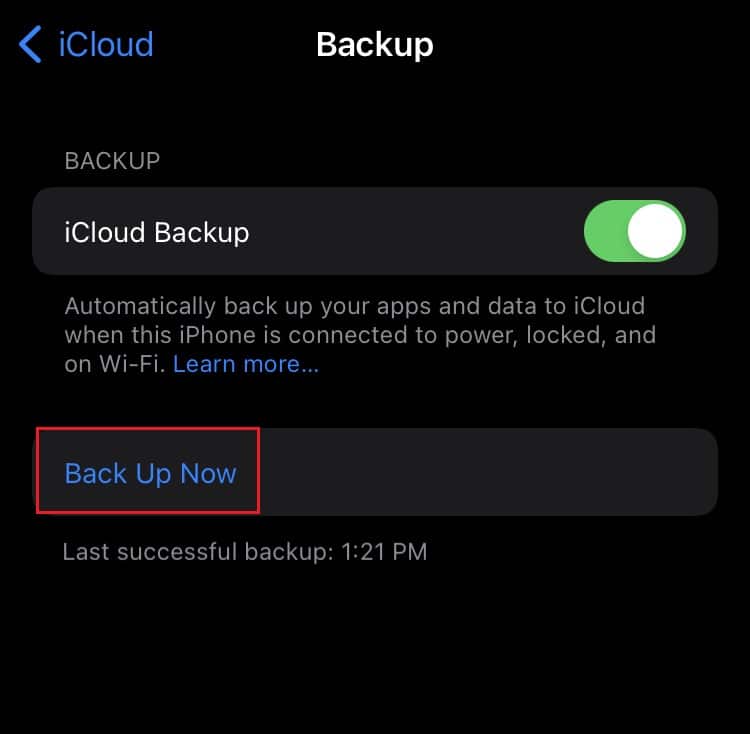 tap on Back up now option in iCloud Backup Settings of iPhone