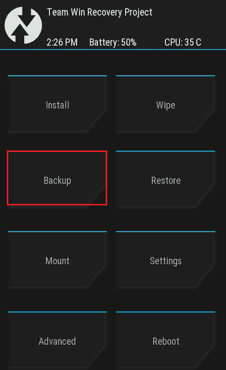 tap on Backup option. Fix Unable to Mount Storage TWRP on Android