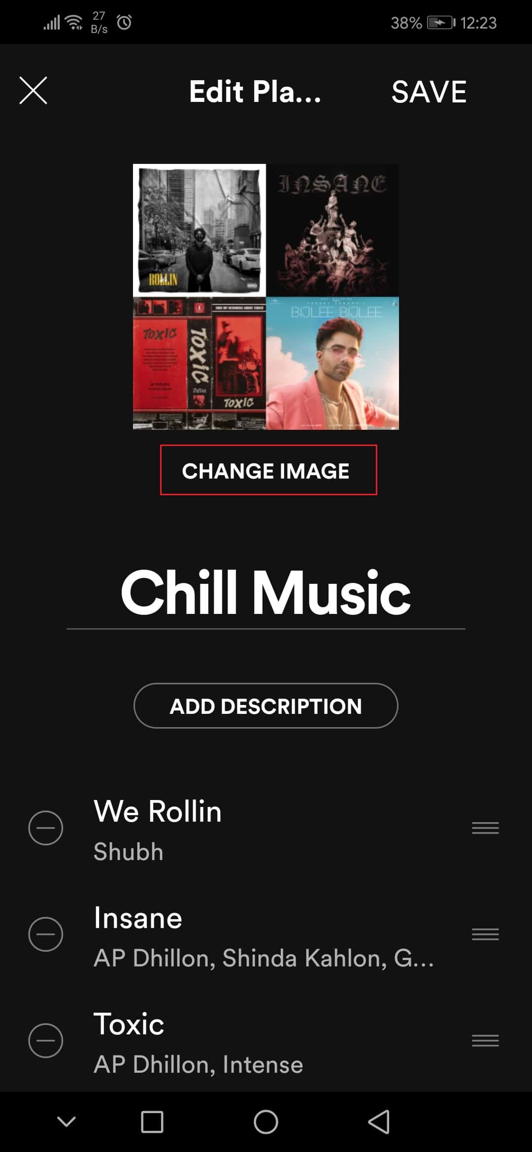 tap on Change Image in Edit playlist Spotify app Honor Play Android