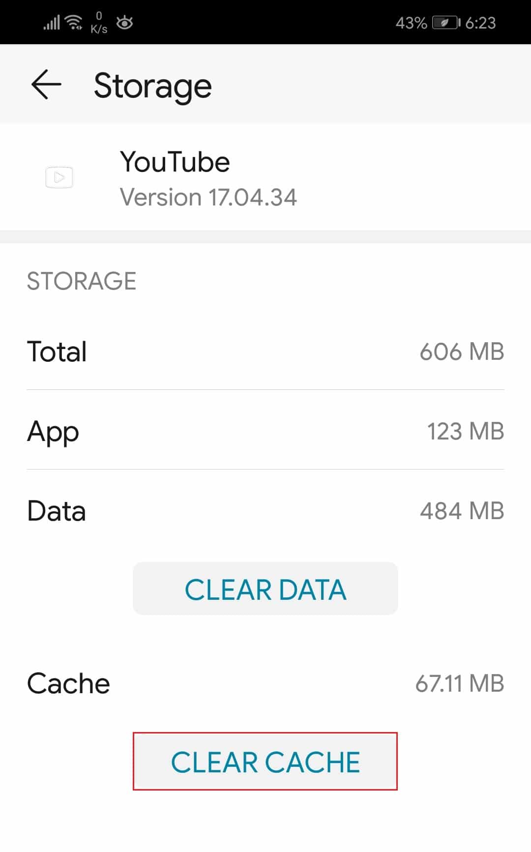tap on Clear Cache to remove Youtube app cache files