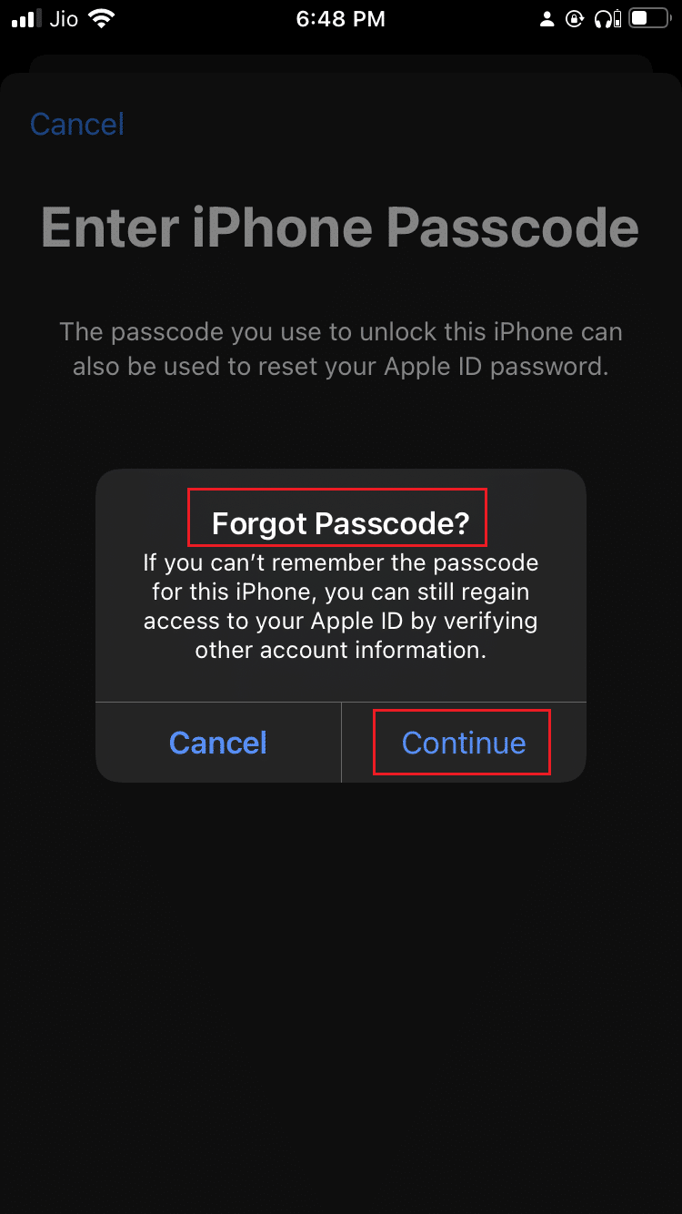 tap on Continue in the Forgot Passcode pop up on iPhone