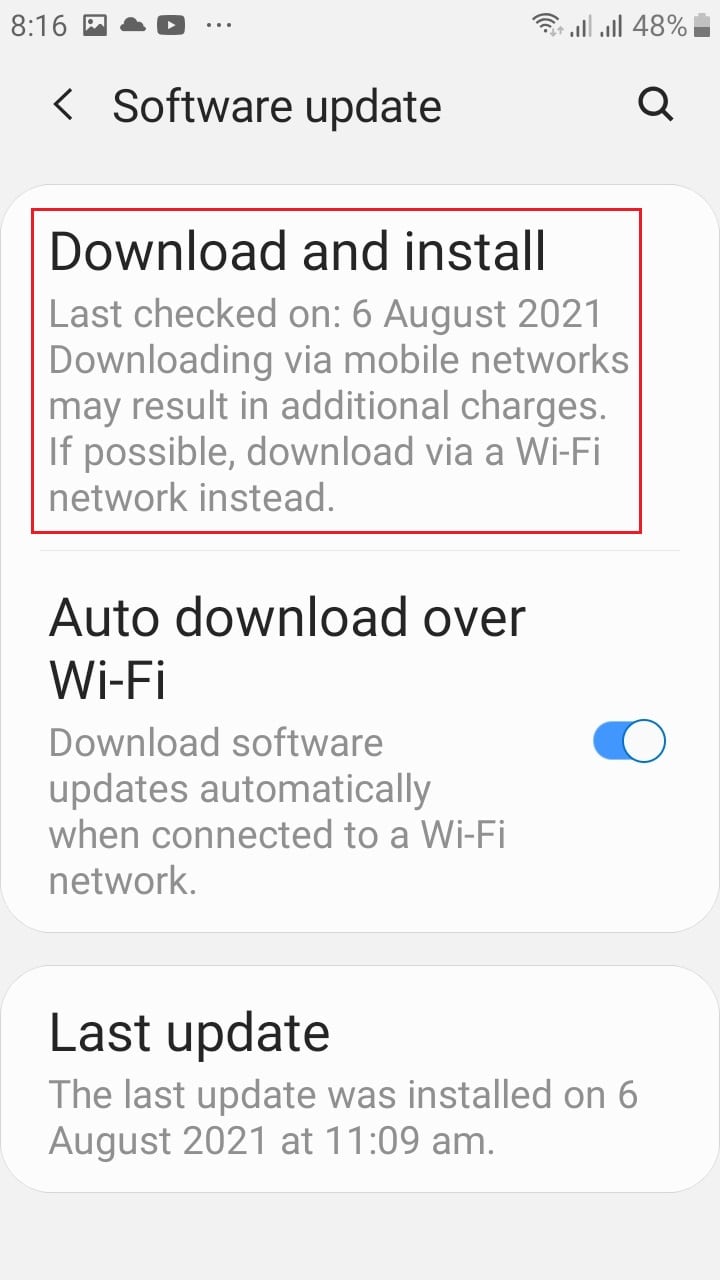 tap on Download and install for Software update in Samsung Settings