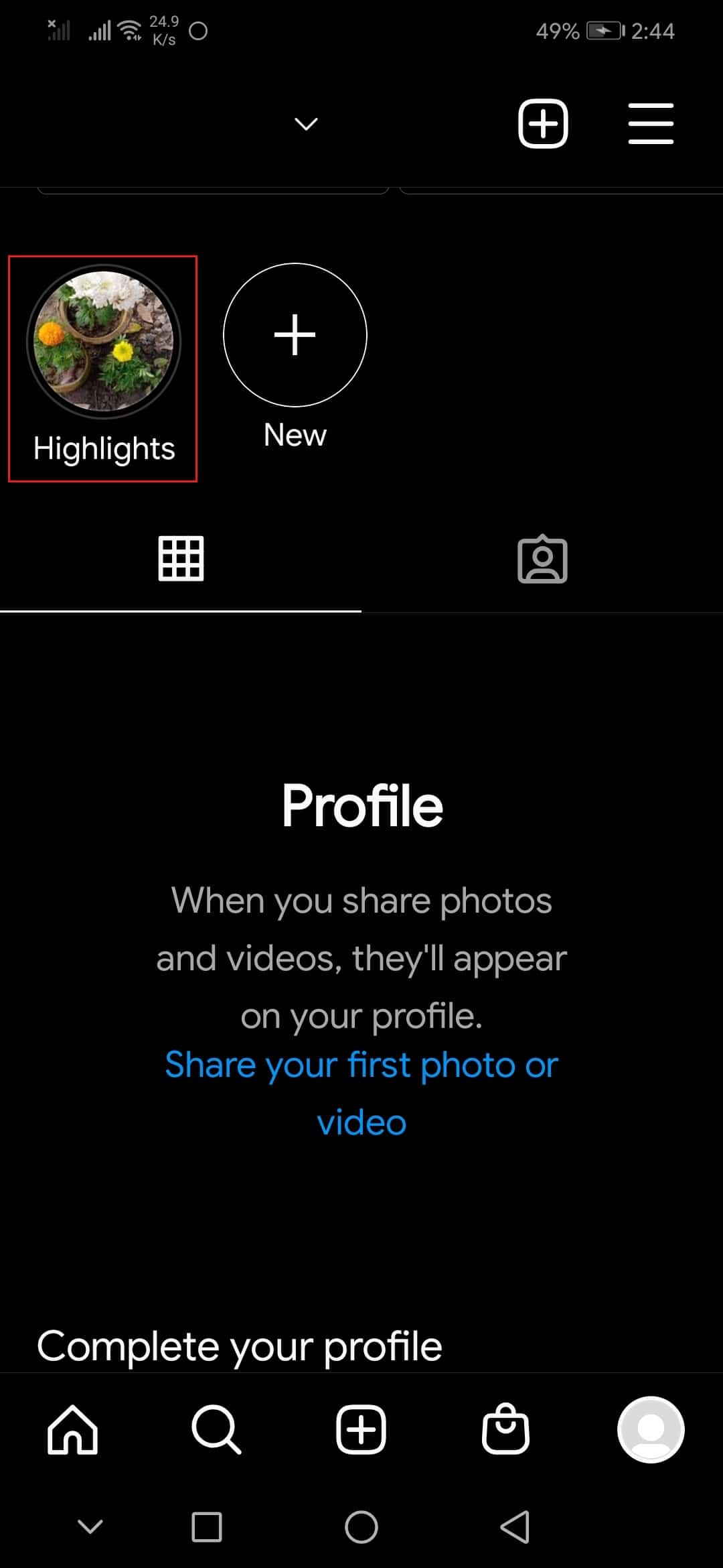 tap on Highlights in Instagram android app profile