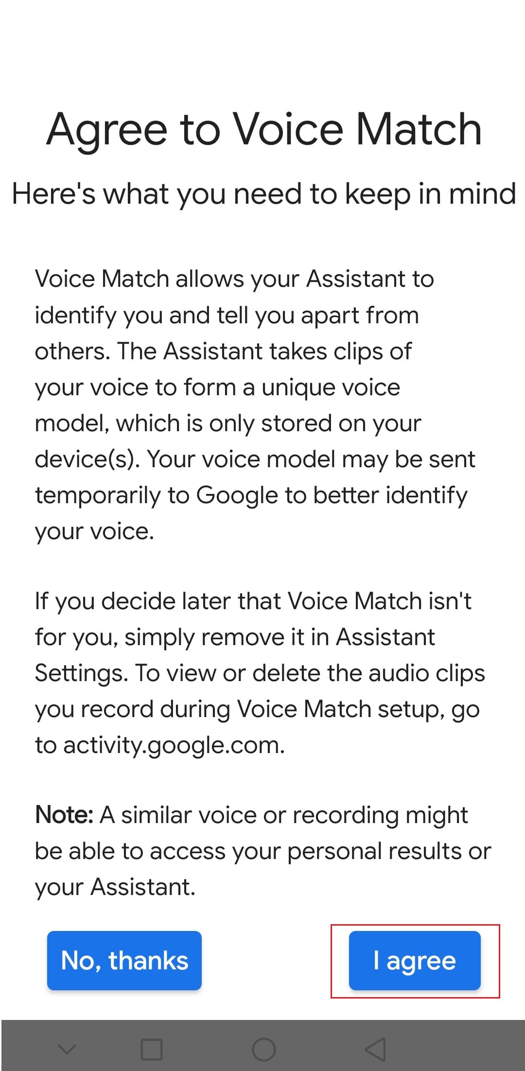 toque na opção Concordo para concordar com o Voice Match no aplicativo Google Android