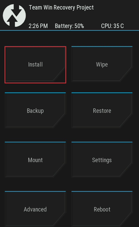 tap on Install option in TWRP Custom Recovery