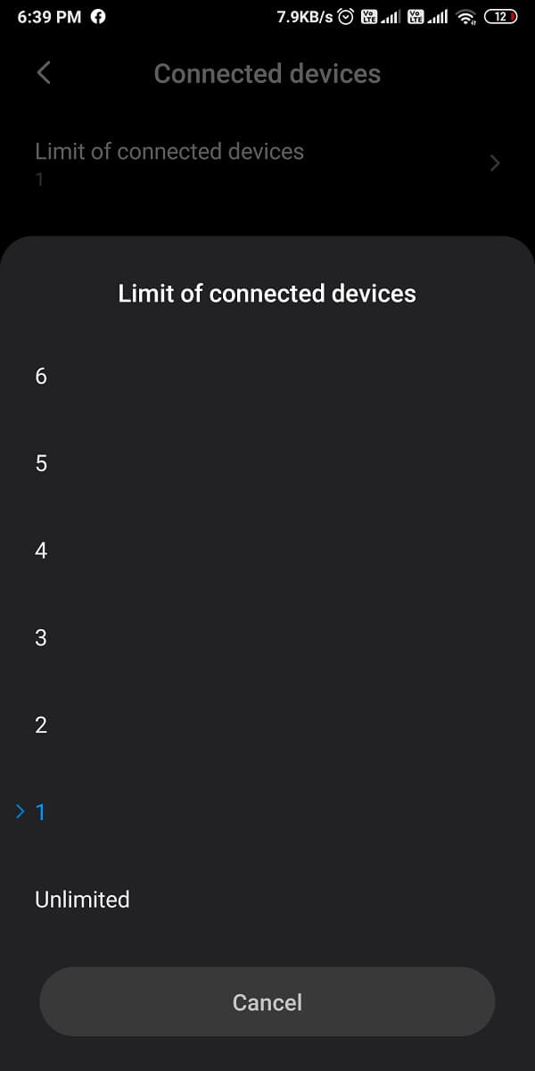 tap on Limit of connected devices to check the number of devices allowed to access your mobile hotspot.