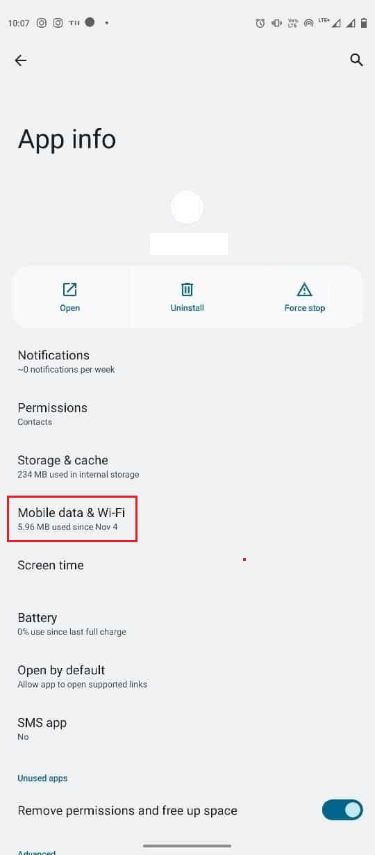 tocca Dati mobili e WiFi nelle informazioni sull'app