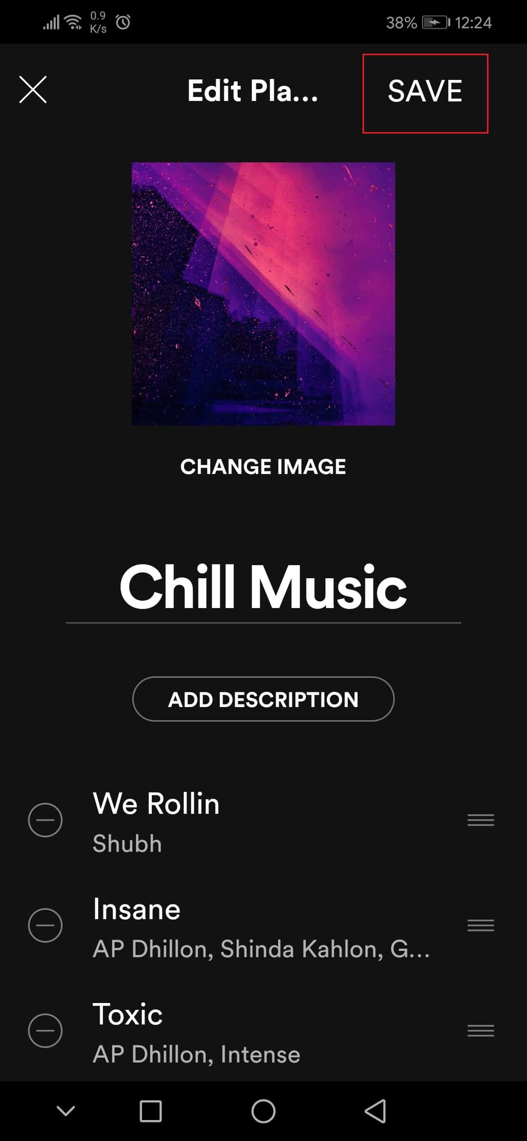 tap on SAVE option to change image of Spotify playlist Honor Play Android