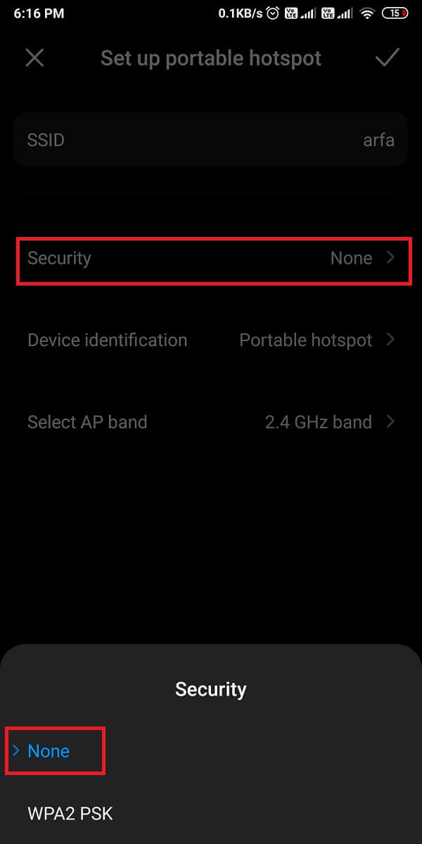 tap on Security and switch from WPA2 PSK to 'None.'