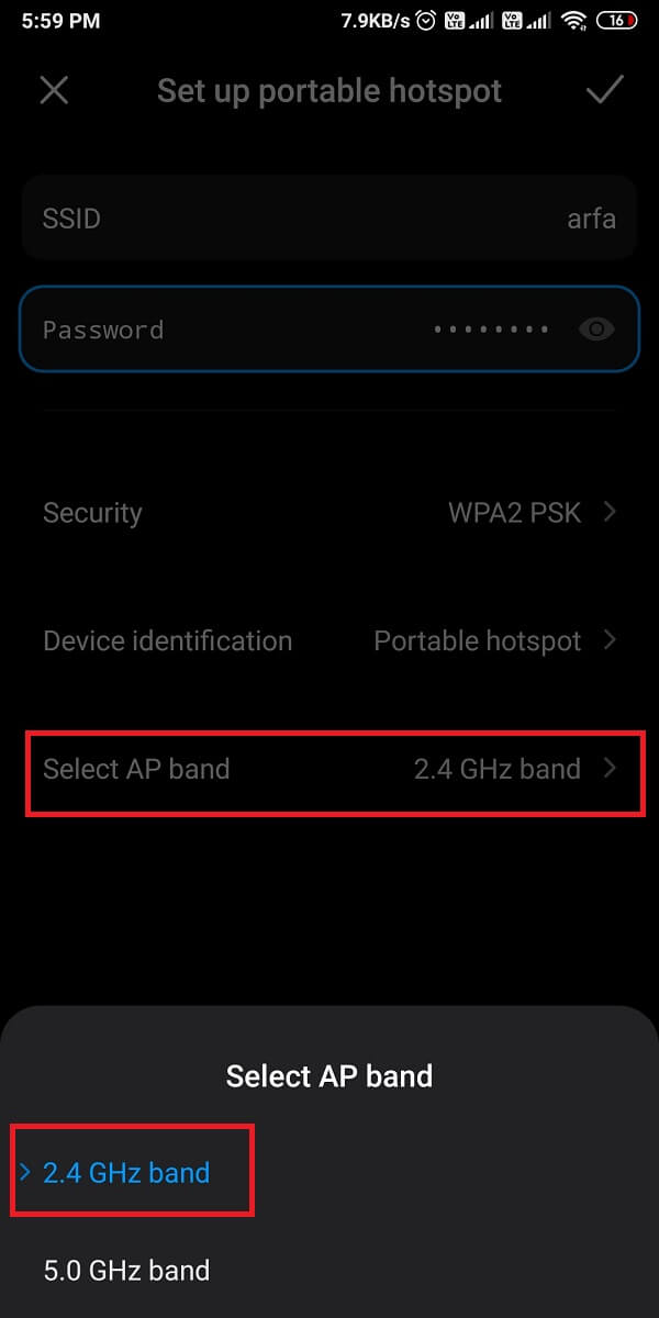 tap on 'Select AP band' and switch from 5.0 GHz to 2.4 GHz. | Fix Mobile Hotspot not working on Android