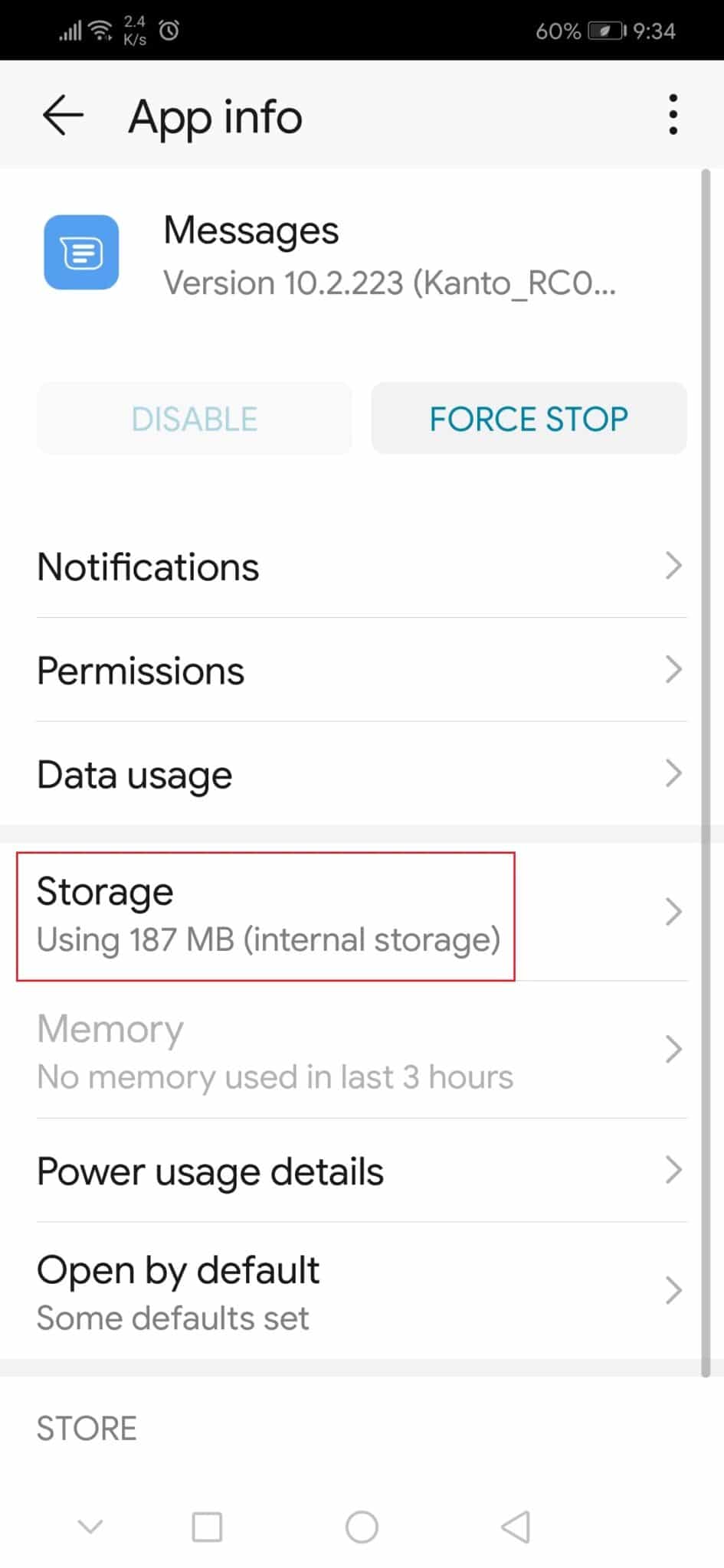 tap on Storage option in Message App settings