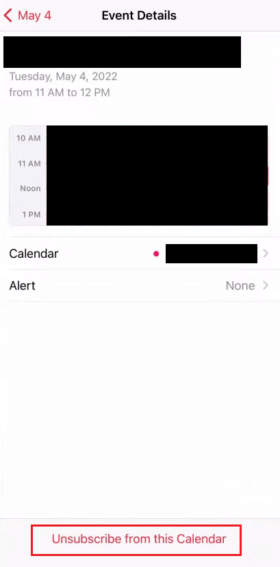 tryk på Afmeld denne kalender | Sådan fjerner du iPhone-kalendervirus | stop spam i min kalender
