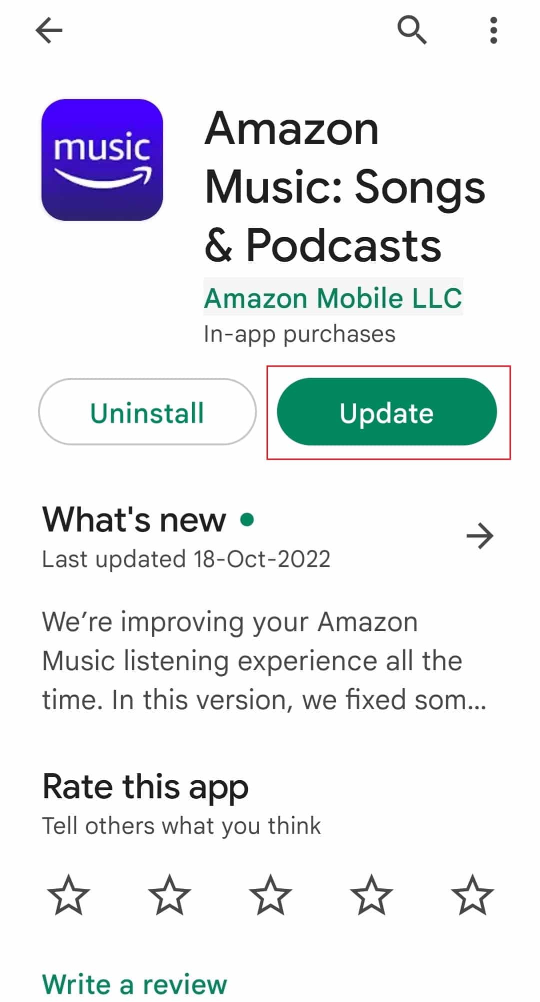 tap on Update option. Fix Amazon Music Not Downloading Error 200