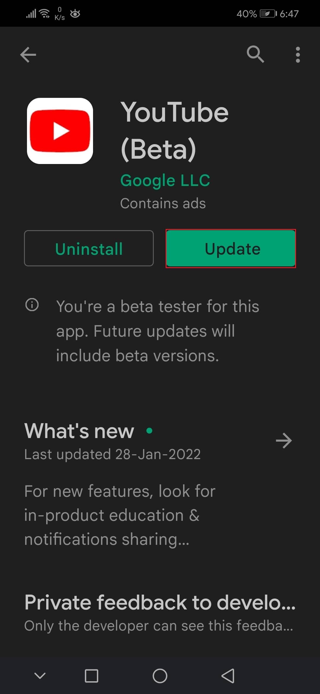 tap on Update to update youtube from google play store
