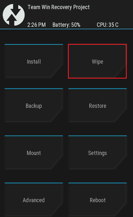 tap on Wipe option. Fix Unable to Mount Storage TWRP on Android