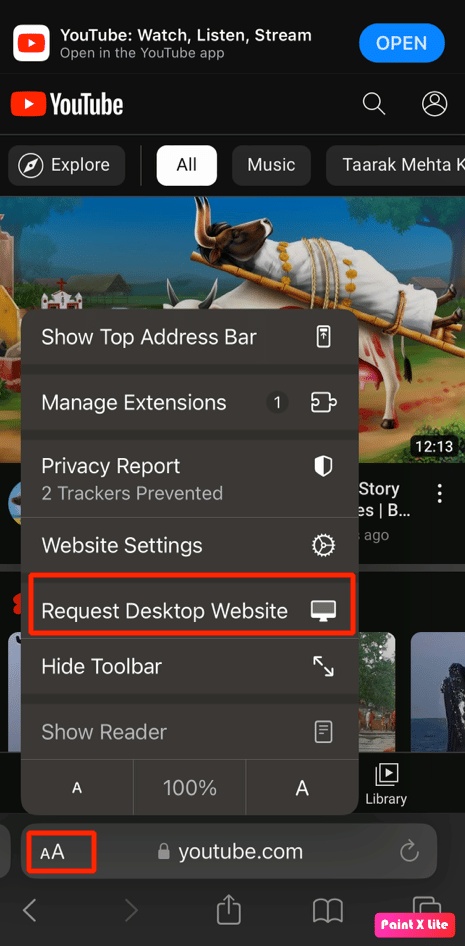toccare l'icona aA e scegliere Richiedi sito Web desktop | Come aprire la versione desktop di YouTube su iPhone