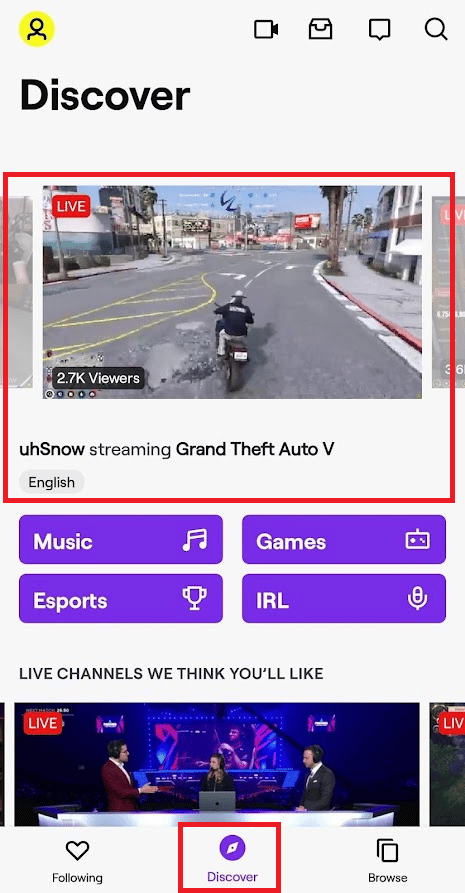 Tap on any desired stream from the Discover tab to open it
