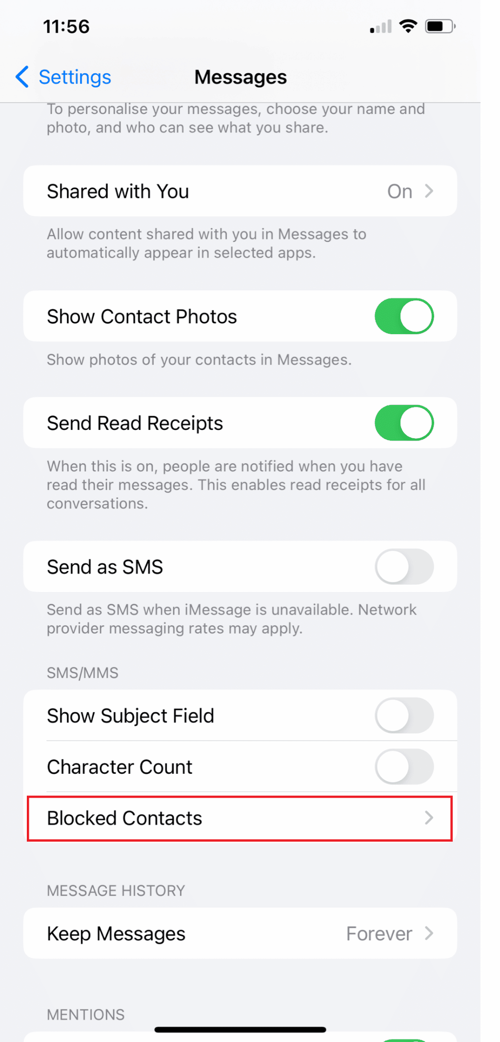 Tap on Blocked Contacts
