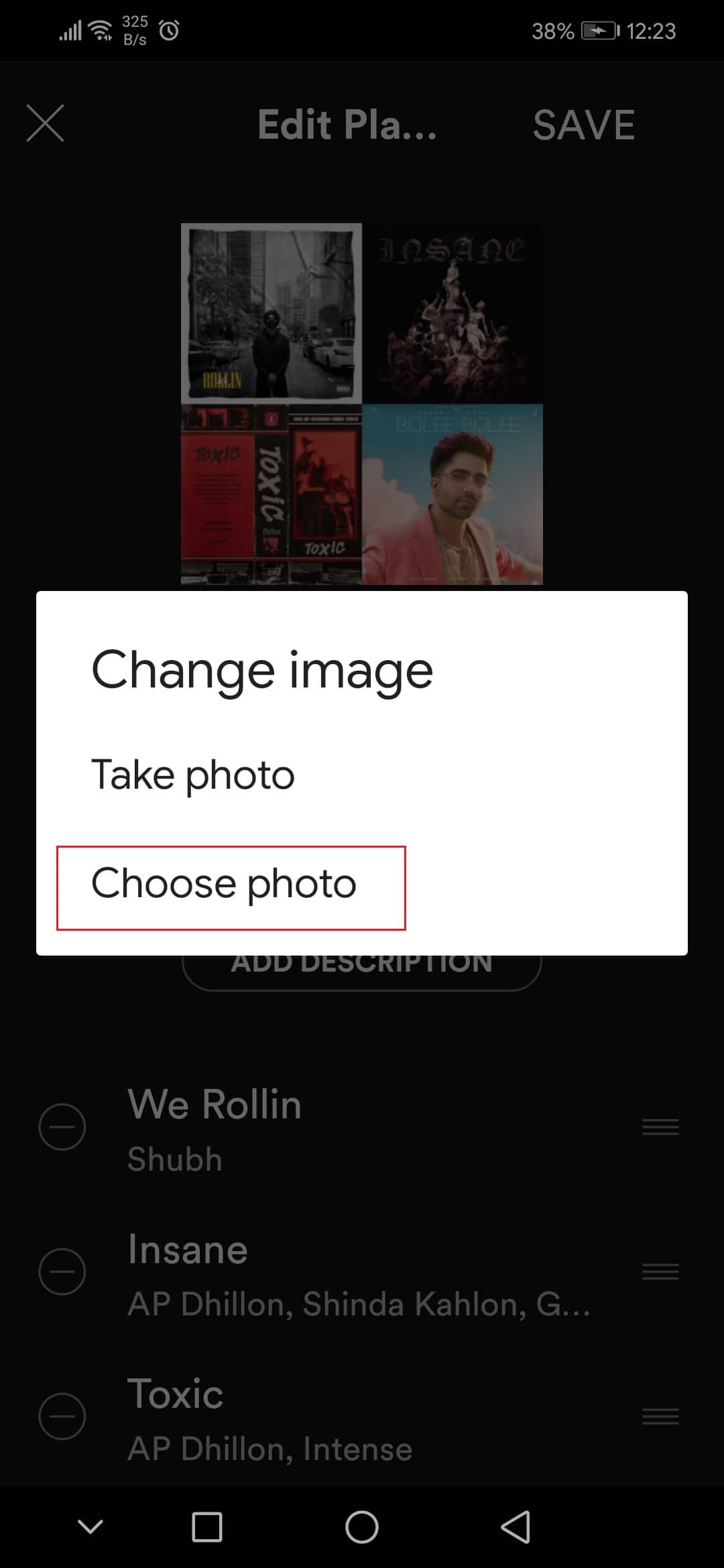 tap on choose photo to change image of spotify playlist Honor Play Android
