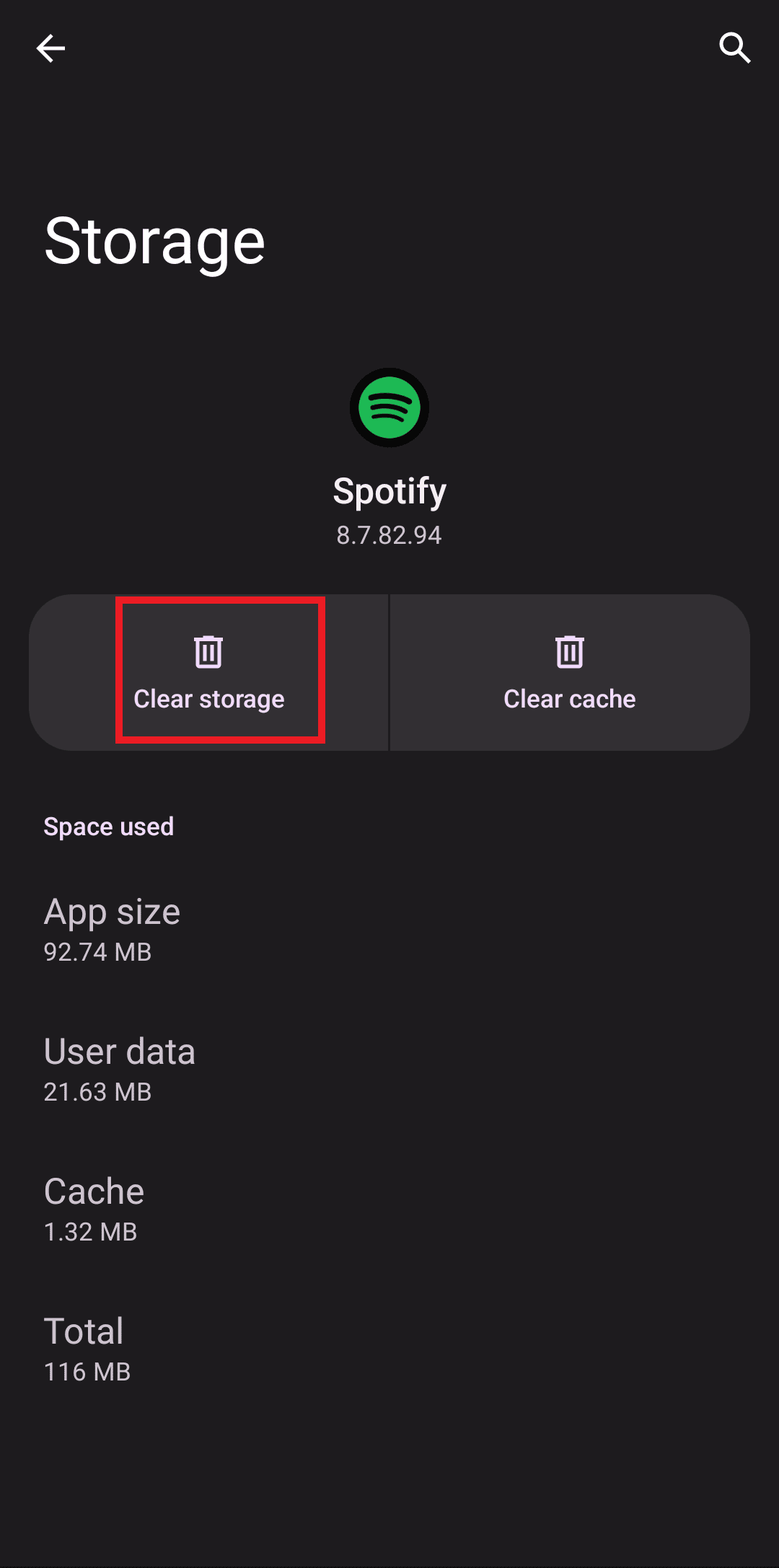 tap on clear storage