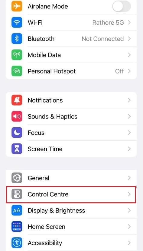 tap on control center in iPhone setting