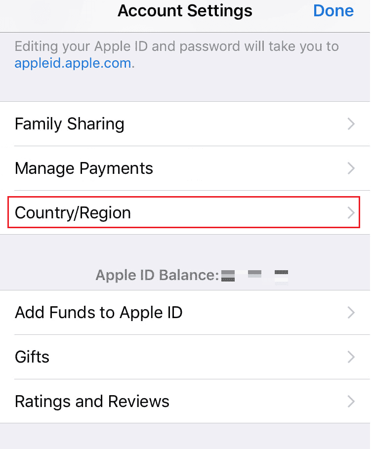 tap on country or region settings