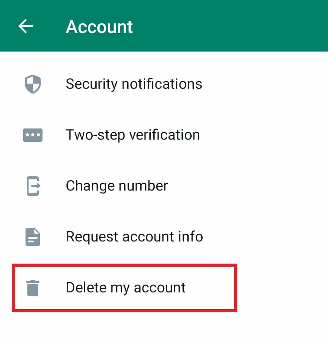 Érintse meg a Fiókom törlése lehetőséget. 7 módszer a WhatsApp névjegyek szinkronizálását nem végző Android rendszeren