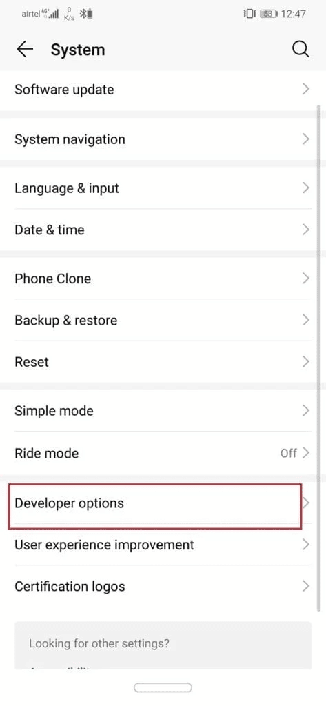 tap on Developer option seven to eight times