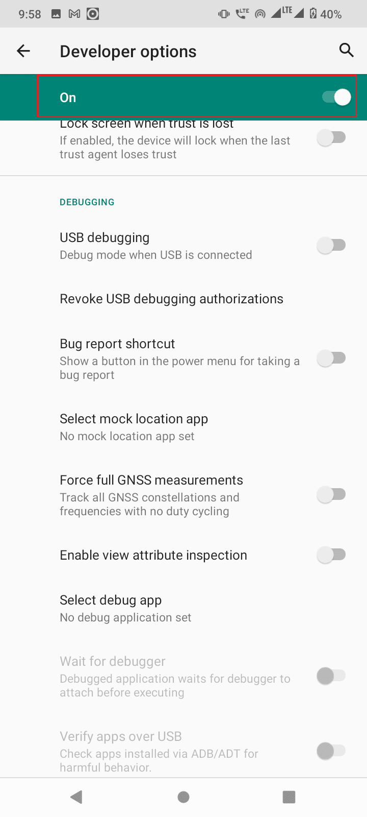 tap on developer options toggle to off