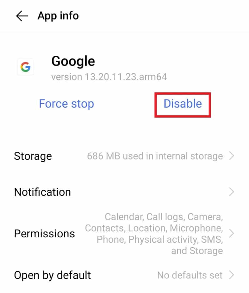 Tap on Disable