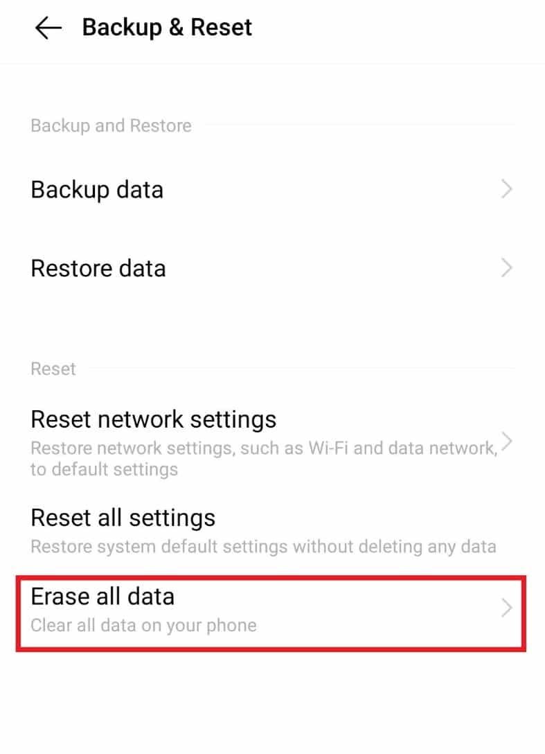 Tap on Erase all data. Fix Android is Starting Optimizing App 1 of 1