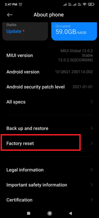 Tap on Factory reset. Fix Process System Not Responding on Android
