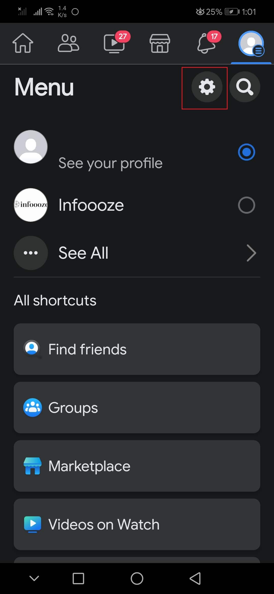 tap on gear icon to open settings in facebook android app profile screen