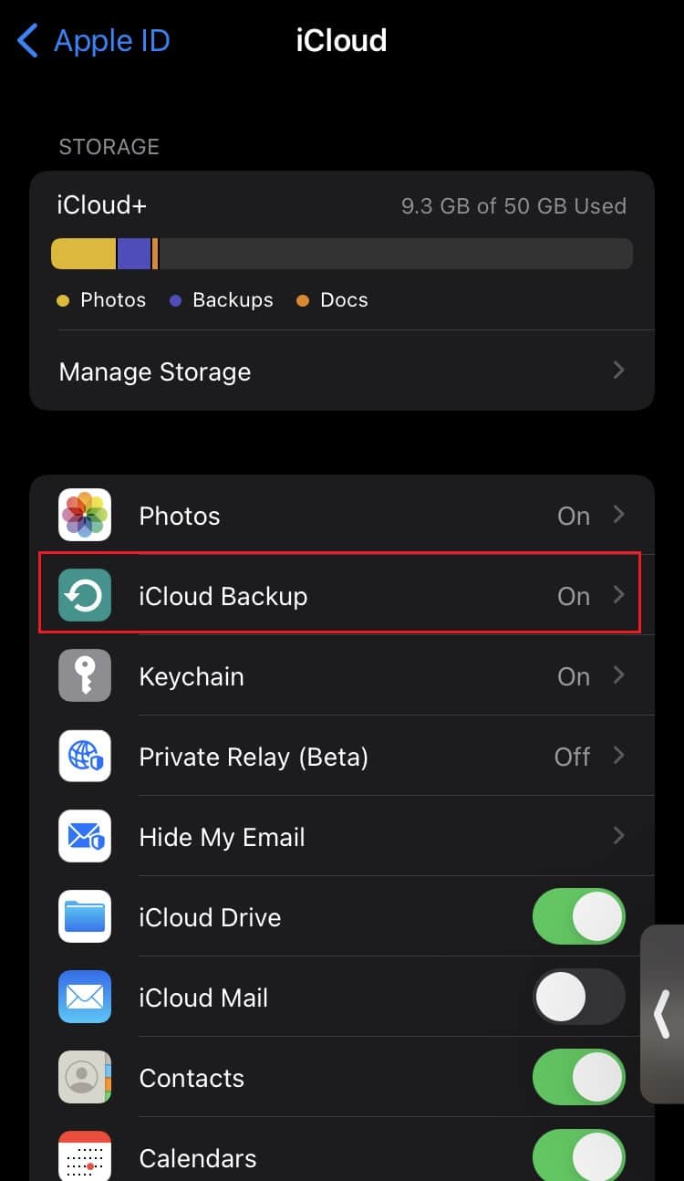 tap on iCloud backup in iPhone iCloud Settings