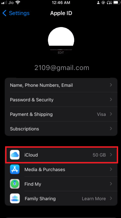 tap on iCloud option in iPhone Settings