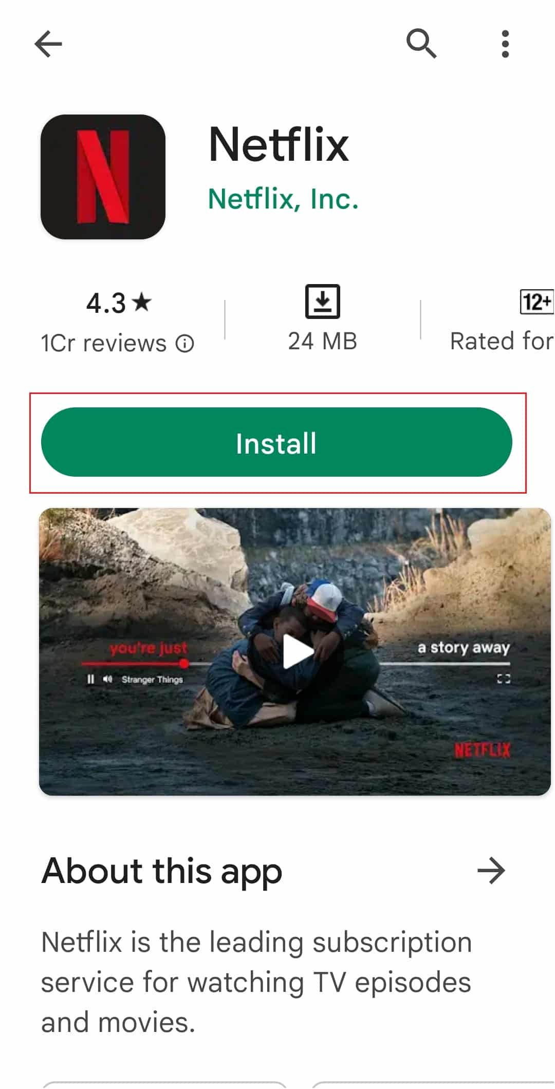 atingeți opțiunea de instalare pe Netflix Google Play Store