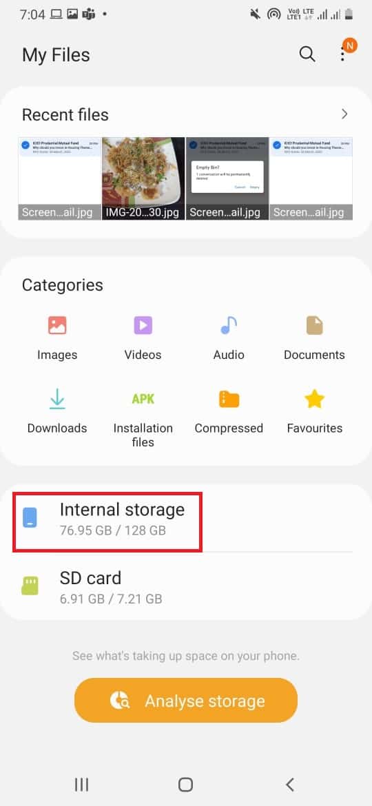 Tap on Internal Storage. How to Empty Trash on Android tablet