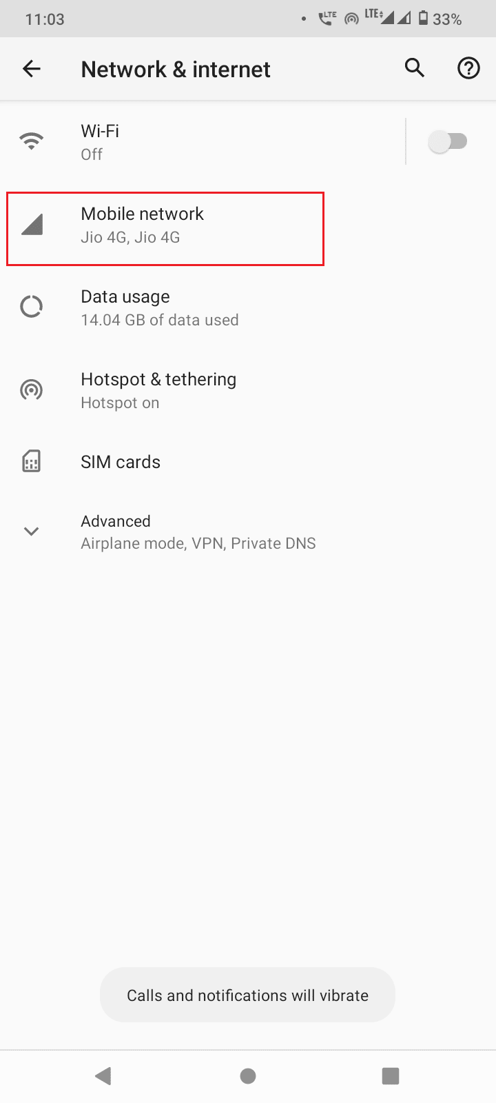 Tap on Mobile network. Fix SIM Card Not Working on Android
