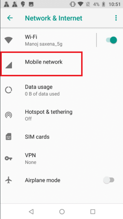 tap on Mobile network. Fix Network Error 503