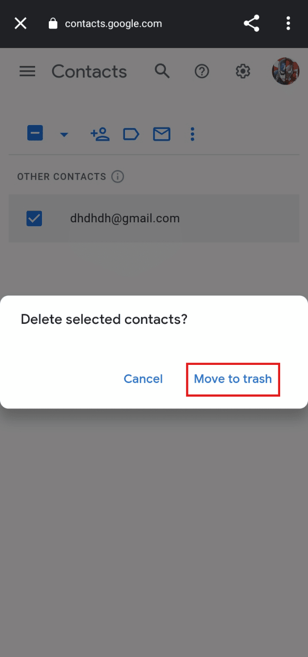 Tap on Move to trash to confirm the deletion of email addresses.