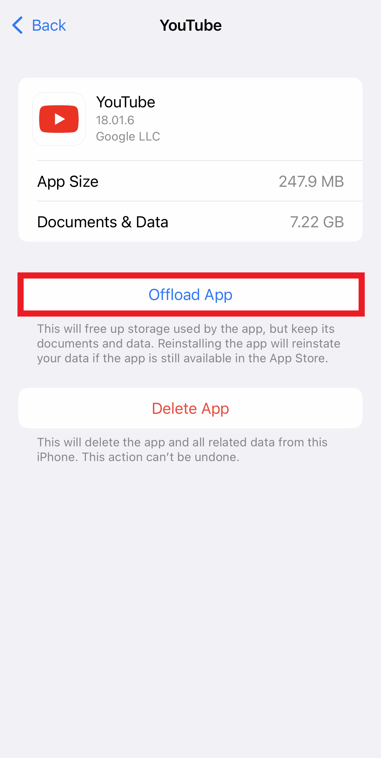 Tap on Offload App to free up storage on your iPhone