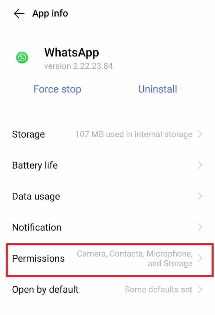 Toque em Permissões. 7 maneiras de consertar o WhatsApp que não sincroniza contatos no Android